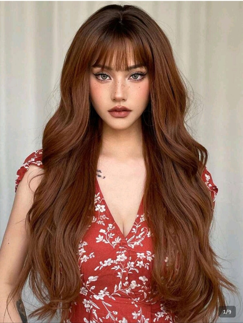 Brown 28-Inch Long Curly Synthetic Wig with Bangs